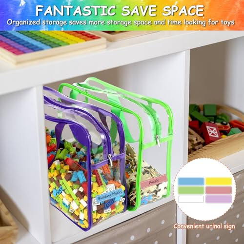 OPELETNNT 6 Packs Large Toy Storage Bags with Labels, Reusable Clear PVC Board Game Storage, Travel Waterproof Organizer Bags with Zipper for Building Blocks, Puzzle, Kids Books（6 Colors） - 6