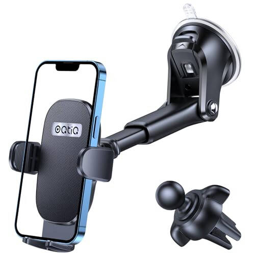 OQTIQ Car Phone Holder Windscreen Mount, Dashboard Phone Holder, Strong Suction Cup Phone Mount with Air Vent Clip, 360° Mobile Phone Holder for Car Window Windshield Compatible for iPhone Samsung - 1