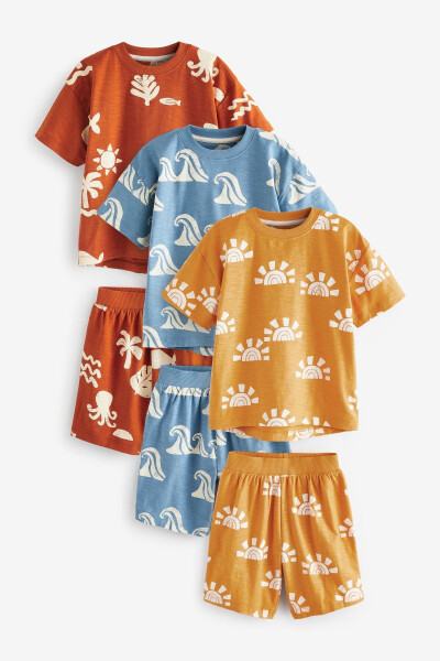 Orange Blue Yellow Palm Printed Short Sleeve Shorts 3-Piece Set - 4