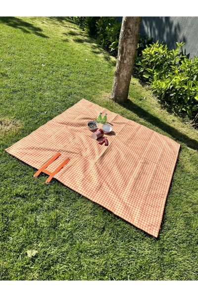 Orange Checkered Picnic Blanket and Tablecloth - 3