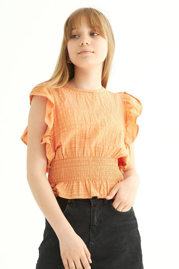 Orange Color Batwing Sleeve Girl's Blouse with a Round Neckline - 2