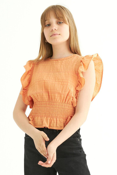 Orange Color Batwing Sleeve Girl's Blouse with a Round Neckline - 4