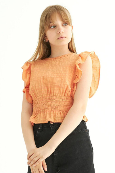 Orange Color Batwing Sleeve Girl's Blouse with a Round Neckline - 5