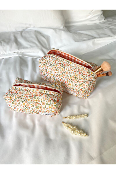 Orange Crispy Flower Pattern Makeup Bag - 12