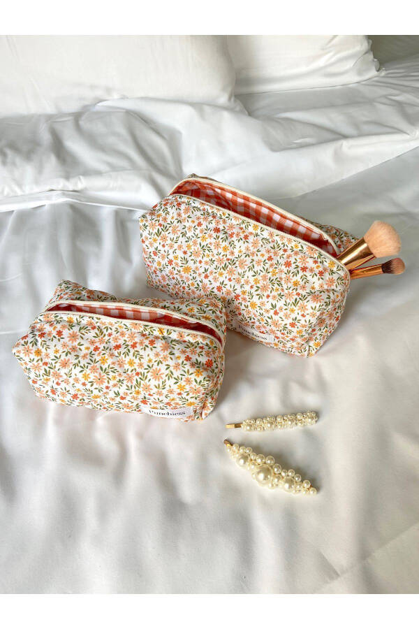 Orange Crispy Flower Pattern Makeup Bag - 7