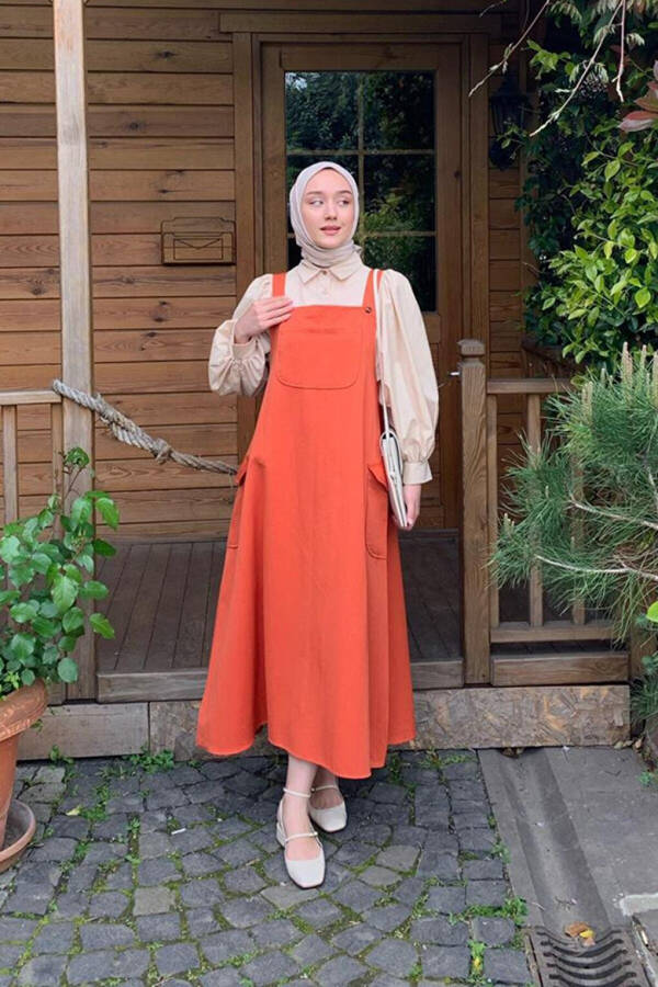 Orange Linen Skirt Jumpsuit & Cream Classic Collar Crop Shirt - 2