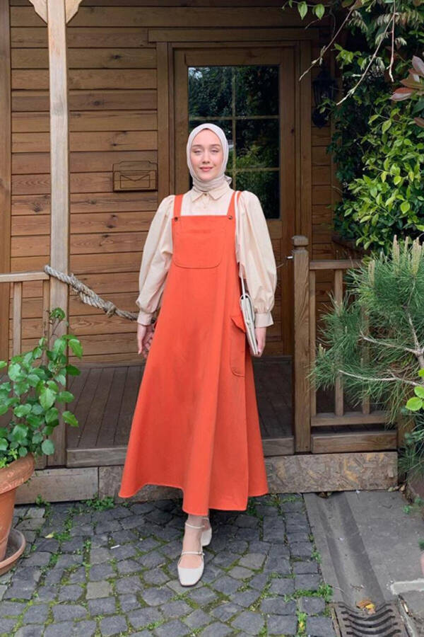 Orange Linen Skirt Jumpsuit & Cream Classic Collar Crop Shirt - 3