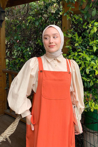 Orange Linen Skirt Jumpsuit & Cream Classic Collar Crop Shirt - 4