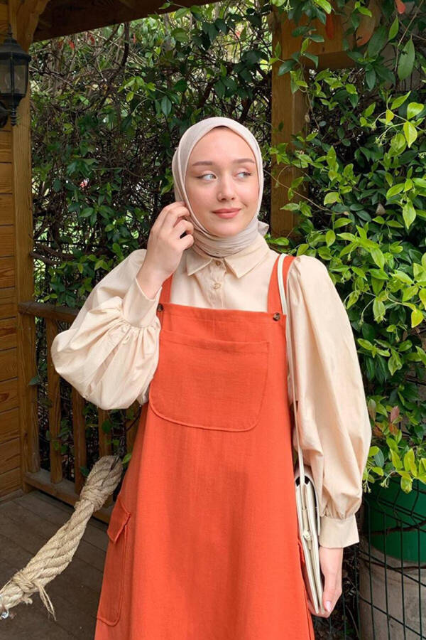 Orange Linen Skirt Jumpsuit & Cream Classic Collar Crop Shirt - 5