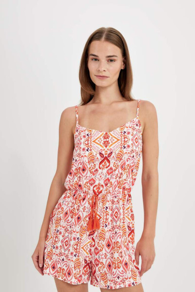 Orange Tropical Print Strappy Short Jumpsuit - 1