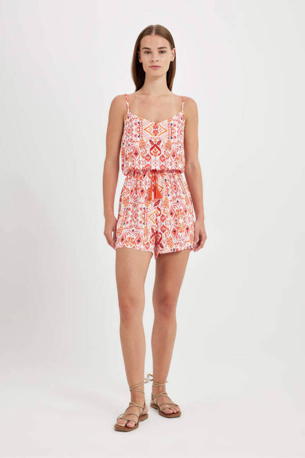 Orange Tropical Print Strappy Short Jumpsuit - 2