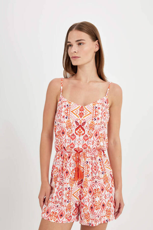 Orange Tropical Print Strappy Short Jumpsuit - 3