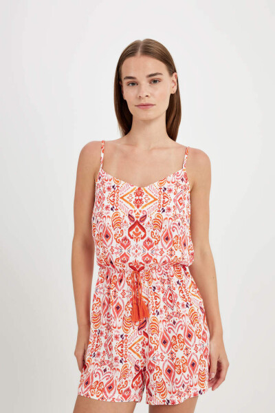 Orange Tropical Print Strappy Short Jumpsuit - 4