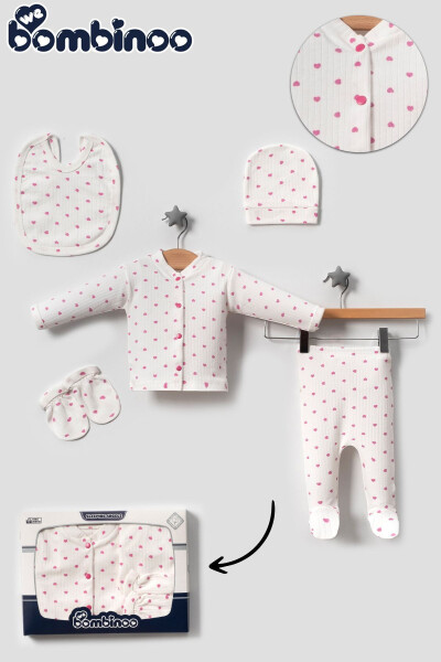 Organic 5 Piece Newborn Romper Set Hospital Discharge Ribbed Ecru Fabric PINK Heart Boxed Casual - 14