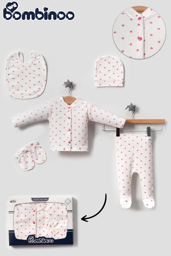 Organic 5 Piece Newborn Romper Set Hospital Discharge Ribbed Ecru Fabric PINK Heart Boxed Casual - 4