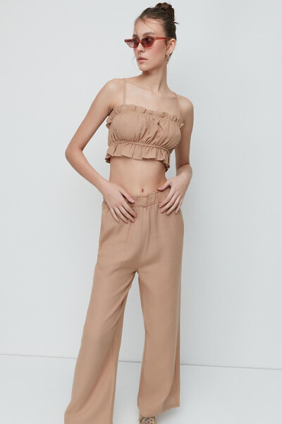 Organic Cotton Muslin Crop Bustier Pants Set 9124 Beige - 2