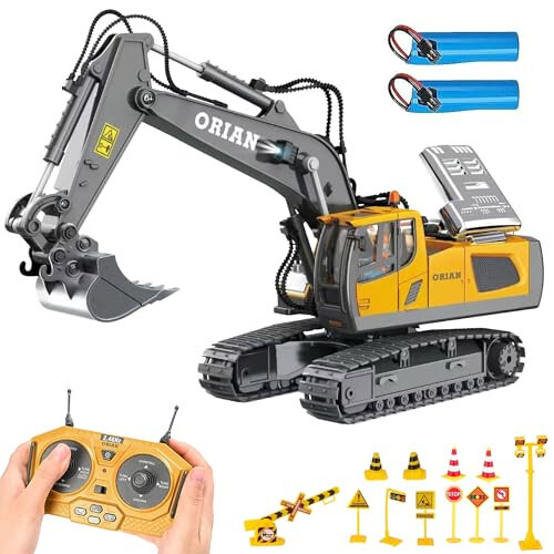 Orian Remote Control Excavator Toy for Boys 4-7 - RC Excavator Toy Turns 680 Degree-2 Batteries – Excavator Toys for Boys with Realistic Lights & Sounds– Backhoe with Metal Shovel Gifts - 1