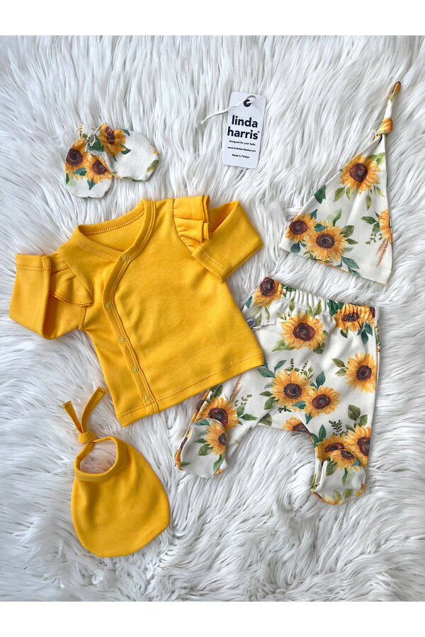 Örme Sunflower Pattern Sarı 5'li Yenidoğan Kız Bebek Hastane Çıkışı Seti Günlük 5'li Sarı 5 Parça P - 1