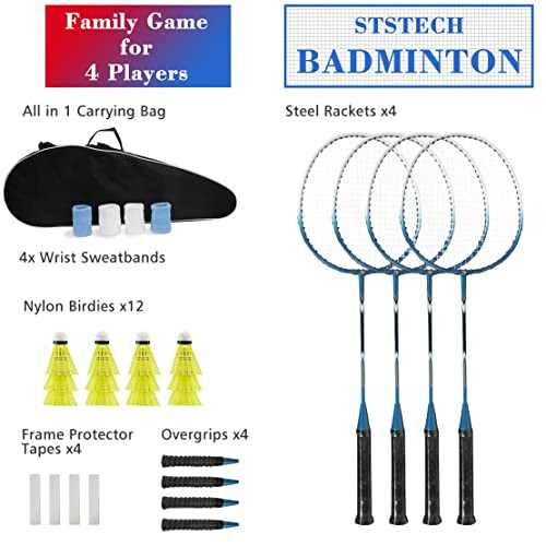 Orqa hovli sportlari uchun kattalar oila raketkasi o'yini uchun 4 ta badminton raketkasi to'plami, 12 ta volanchik, 4 ta almashtirish ushlagichi, 4 ta bilak bog'lamasi va tashish sumkasi - 2