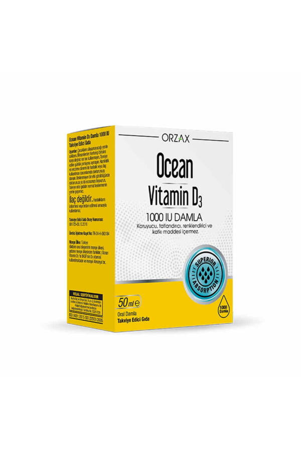 Orzax Ocean D3 Vitamini 1000 IU Damla 50 ml Vitamin D3 1000IU İçeren Takviye Edici Gıda - 1