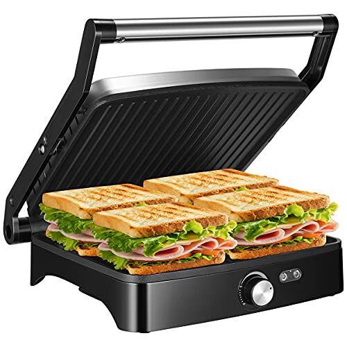 OSTBA Panini Press Grill Indoor Sandwich Maker with Temperature Setting, 4 Slice Large Non-stick Versatile Grill, Opens 180 Degrees to Fit Any Type or Size of Food, Removable Drip Tray, 1200 W - 1