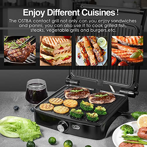 OSTBA Panini Press Grill Indoor Sandwich Maker with Temperature Setting, 4 Slice Large Non-stick Versatile Grill, Opens 180 Degrees to Fit Any Type or Size of Food, Removable Drip Tray, 1200 W - 3