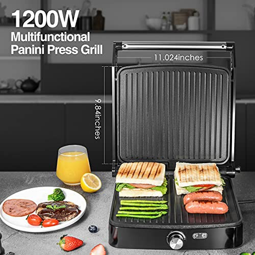 OSTBA Panini Press Grill Indoor Sandwich Maker with Temperature Setting, 4 Slice Large Non-stick Versatile Grill, Opens 180 Degrees to Fit Any Type or Size of Food, Removable Drip Tray, 1200 W - 4