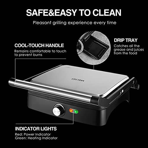 OSTBA Panini Press Grill Indoor Sandwich Maker with Temperature Setting, 4 Slice Large Non-stick Versatile Grill, Opens 180 Degrees to Fit Any Type or Size of Food, Removable Drip Tray, 1200 W - 6