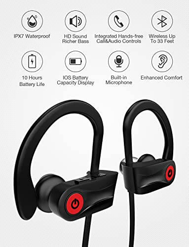 Otium Bluetooth Earbuds Wireless Headphones Bluetooth Headphones, Sports Earbuds, IPX7 Waterproof Stereo Earphones for Gym Running 15 Hours Playtime Sound Isolation Headsets, Black - 8