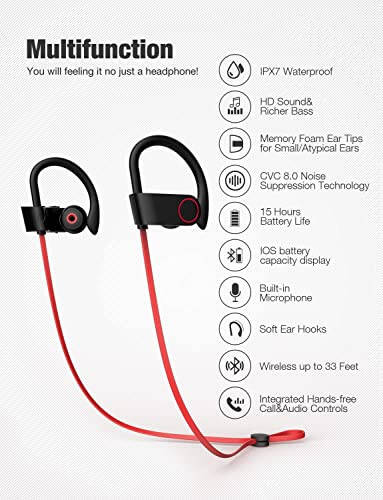 Otium Bluetooth Headphones, Wireless Earbuds IPX7 Waterproof Sports Earphones with Mic HD Stereo Sweatproof in-Ear Earbuds Gym Running Workout 15 Hour Battery Sound Isolation Headsets - 16