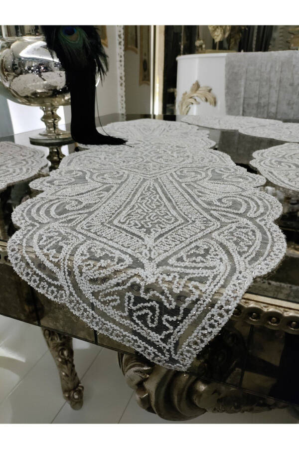 Ottoman 5 Piece Luxury Runner Living Room Table Coffee Table Cover Set French Lace Dowry Set With Glitter - 2