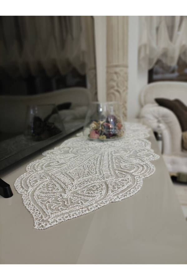 Ottoman 5 Piece Luxury Runner Living Room Table Coffee Table Cover Set French Lace Dowry Set With Glitter - 14