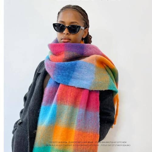 OUNIYA Large Chunky Plaid Scarf Checked Colorful Oversized Scarves Soft Big Cashmere Wool Thick Winter Warm Blanket Women - 3