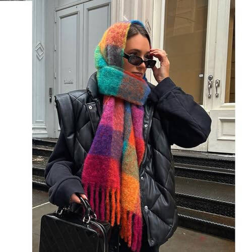 OUNIYA Large Chunky Plaid Scarf Checked Colorful Oversized Scarves Soft Big Cashmere Wool Thick Winter Warm Blanket Women - 4