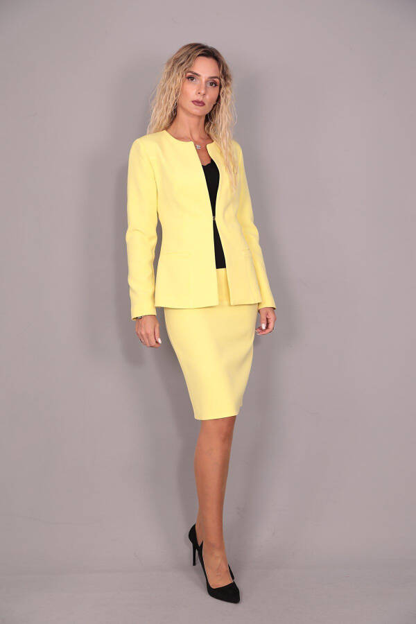 Oval Collar Long Jacket & Pencil Skirt Set - Yellow - 5