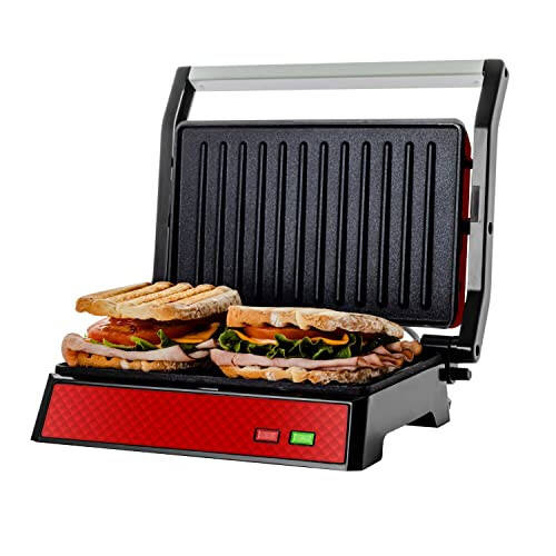 OVENTE Electric Panini Press Sandwich Maker with Non-Stick Coated Plates, Opens 180 Degrees to Fit Any Type or Size of Food, 1000W Indoor Grill Perfect for Quesadillas, Burgers & More, Red GP0620R - 1