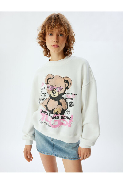 Oversize Bear Print Back Printed Crew Neck Fleece Sweatshirt - 9