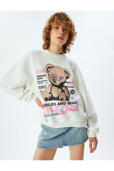 Oversize Bear Print Back Printed Crew Neck Fleece Sweatshirt - 1