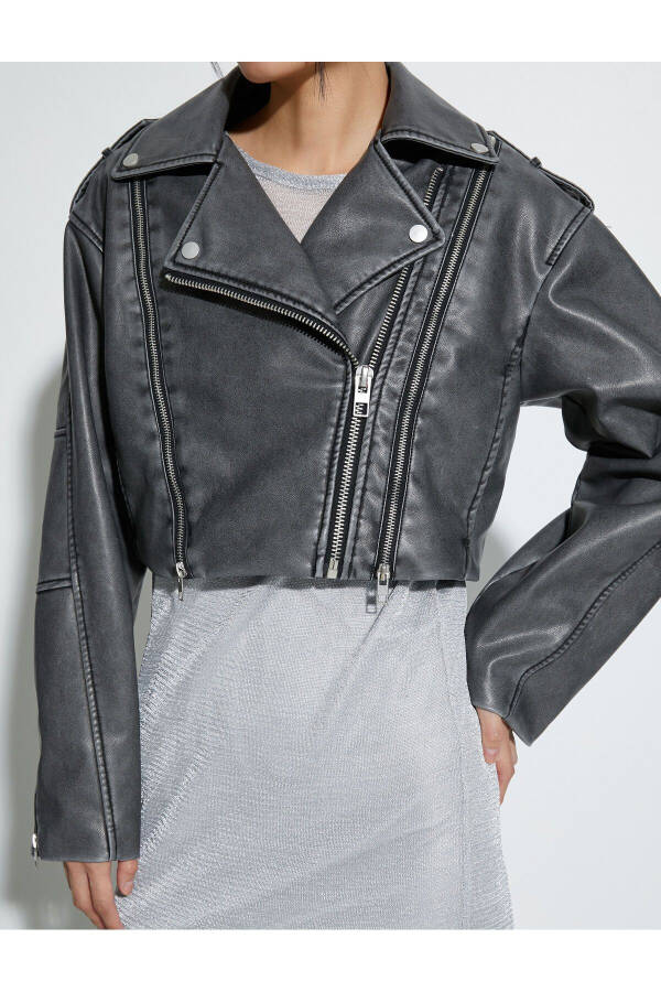 Oversize Faux Leather Jacket with Zipper and Breathable Effect - 13