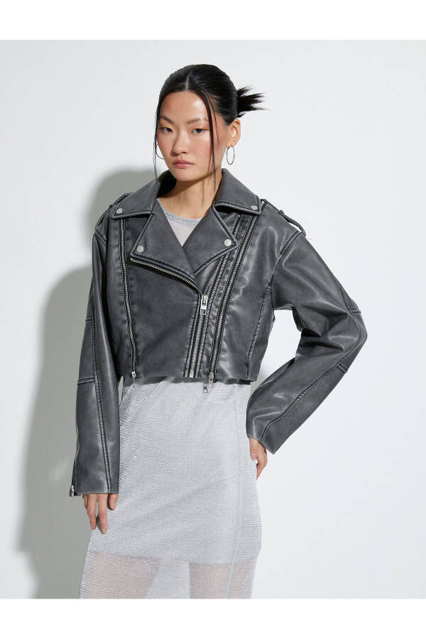 Oversize Faux Leather Jacket with Zipper and Breathable Effect - 3