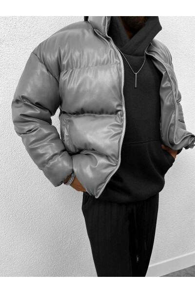 Oversize Puffy Leather Jacket Grey - 25