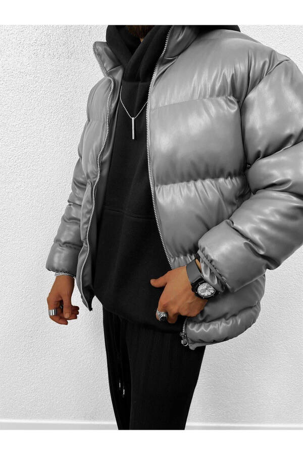 Oversize Puffy Leather Jacket Grey - 28