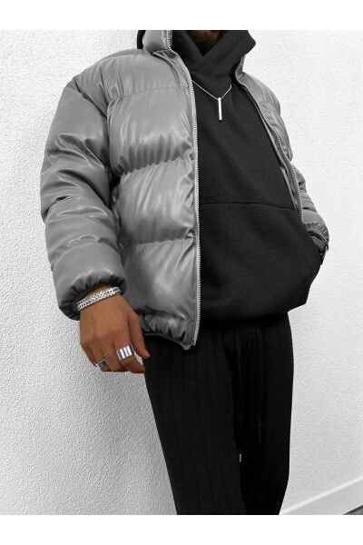 Oversize Puffy Leather Jacket Grey - 17