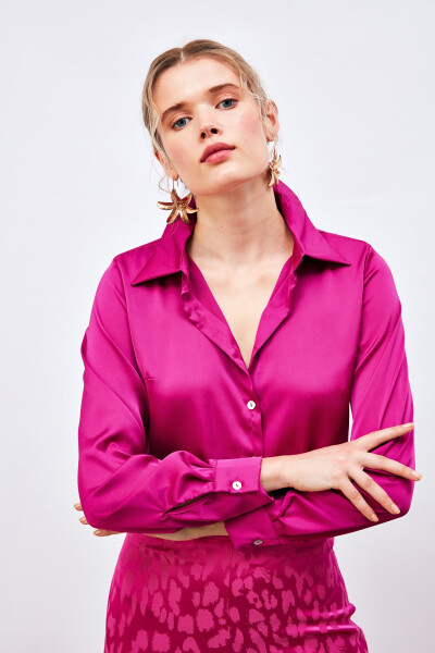 Oversize Satin Shirt - Fuchsia - 11