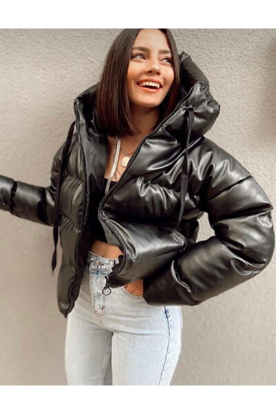 Oversized Black Puffer Leather Jacket - 11