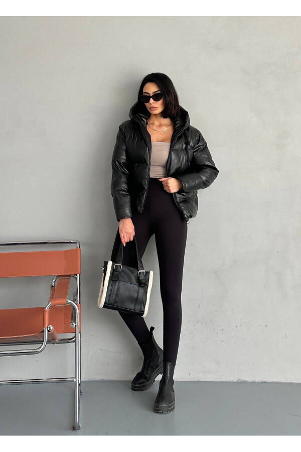 Oversized Black Puffer Leather Jacket - 4