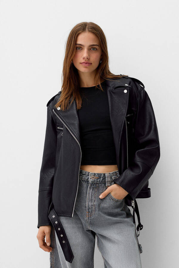 Oversized Faux Leather Biker Jacket - 1