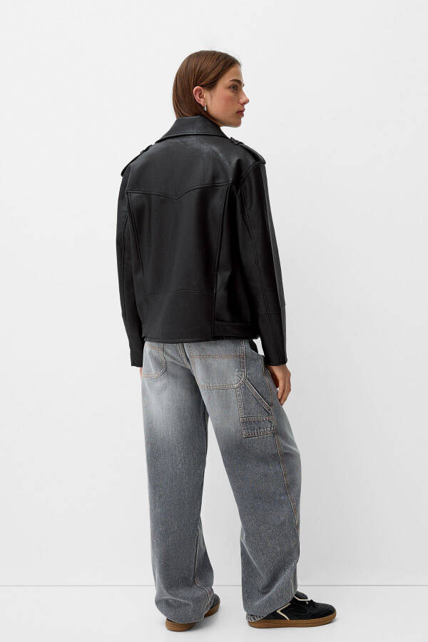 Oversized Faux Leather Biker Jacket - 3