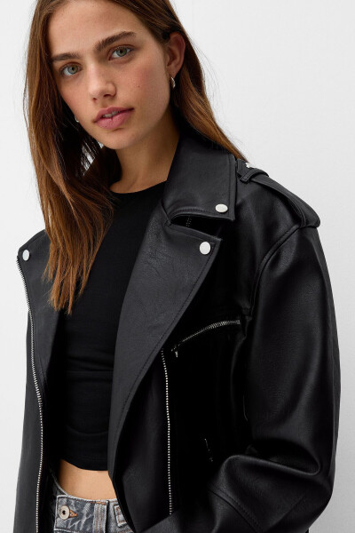 Oversized Faux Leather Biker Jacket - 4