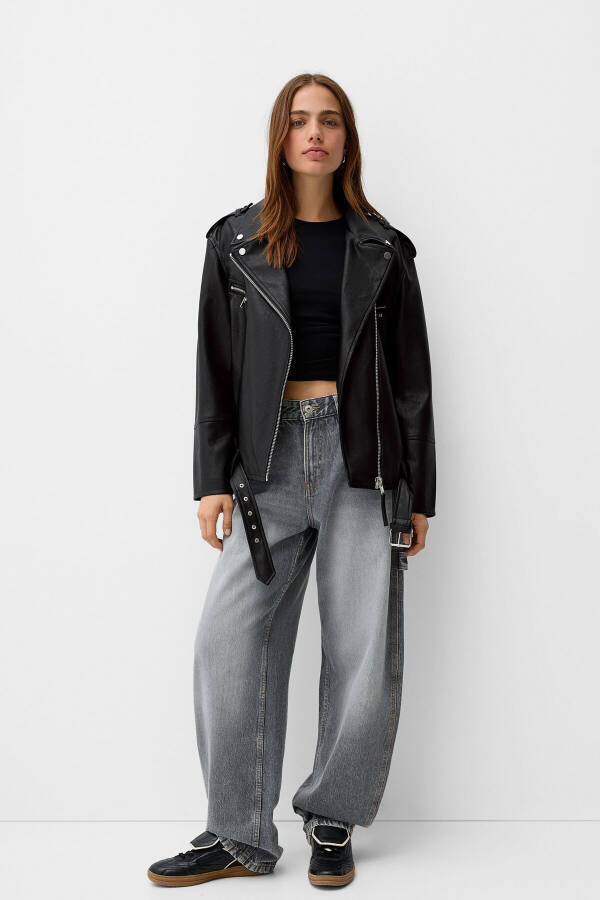 Oversized Faux Leather Biker Jacket - 5